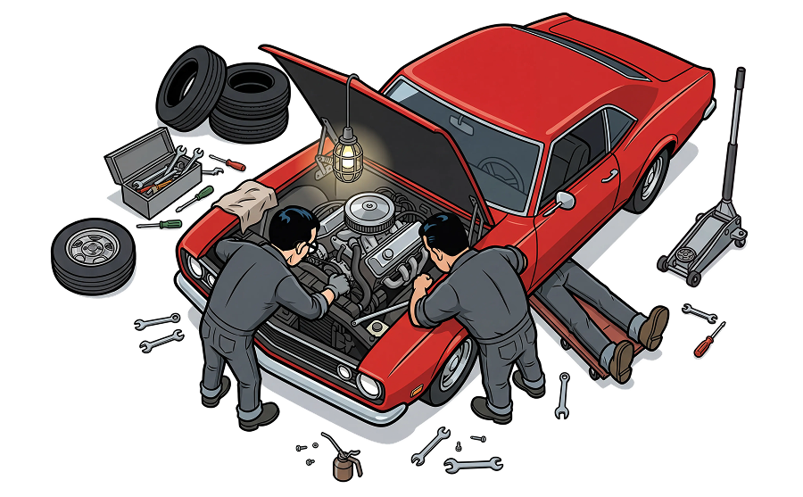 Manny, Moe & Jack working on car